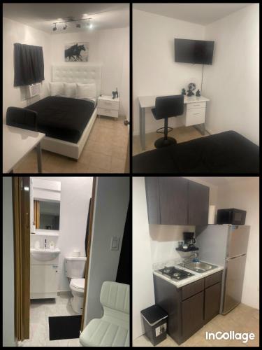 four pictures of a room with a bed and a bathroom at Perfect suite #3 in San Juan