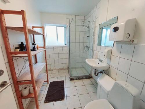 a bathroom with a shower and a toilet and a sink at Igdlo Guesthouse in Reykjavík