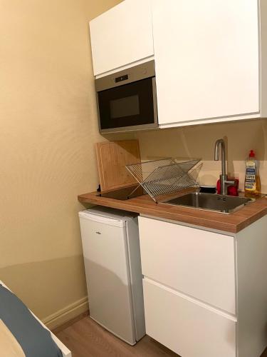 a kitchen with a sink and a microwave at Petit Studio Centre-ville n°8 in Besançon