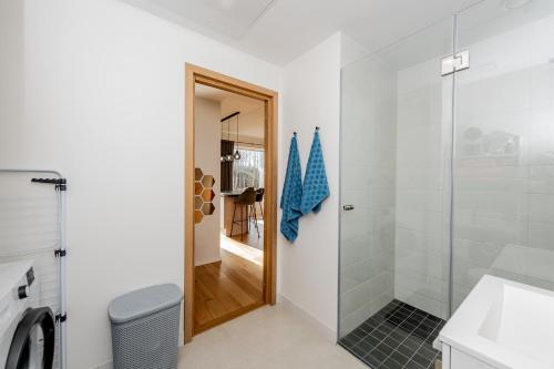 bagno con doccia e porta in vetro di Mesiheina Apartment a Pärnu