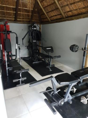 Un gimnasio con varias máquinas de correr en una habitación. en Haleys Guest House, en Benoni