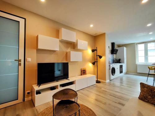 uma sala de estar com uma televisão de ecrã plano na parede em Le Bellerade - Rez-de-chaussée tout confort em Dunkerque
