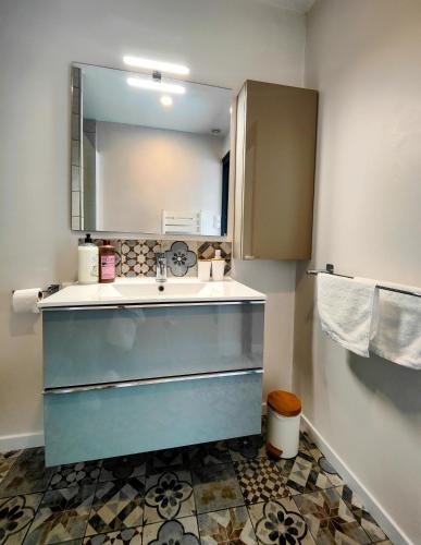 une salle de bain avec un lavabo et un miroir dans l'établissement Le Bellerade - Rez-de-chaussée tout confort, à Dunkerque