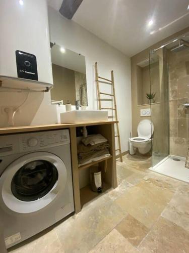 une salle de bain avec une machine à laver et un lavabo dans l'établissement Charmant deux pièces dans le vieil Antibes Safranier, à Antibes