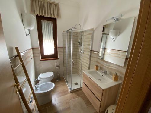 uma casa de banho com um WC, um chuveiro e um lavatório. em Voce 'e notte em SantʼAntonio Abate