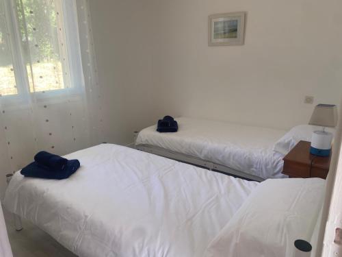 two twin beds in a room with a window at Les Hauts Complex in Coulaures