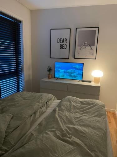 a bedroom with a bed and a flat screen tv at Cosy, little apartment in Moss