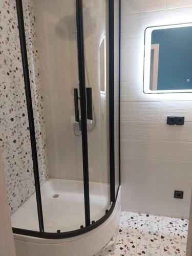 una doccia con porta in vetro in bagno di Luxury Stable 1 a Rēzekne