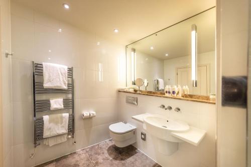 La salle de bains est pourvue d'un lavabo, de toilettes et d'un miroir. dans l'établissement The Crown Inn, à Stoke-by-Nayland