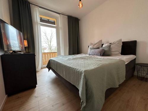 a bedroom with a bed and a television and a window at Herrliches wohnen mit Teichblick in Altenburg
