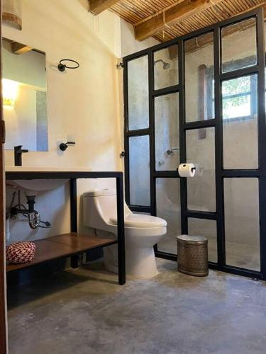 y baño con aseo, lavabo y ducha. en Casa del Campo en Oaxaca de Juárez