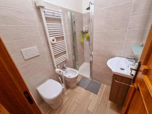 a bathroom with a toilet and a sink and a shower at Casa di Igor in Casemurate