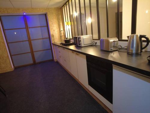 - une cuisine avec un comptoir et 2 fours micro-ondes dans l'établissement Le Jardin d'Eden -Appartement de charme avec Sauna, Hammam, spa, à Issoudun