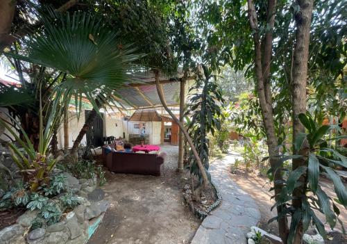 a living room with a couch in a garden at Mayan Casas in San Marcos La Laguna