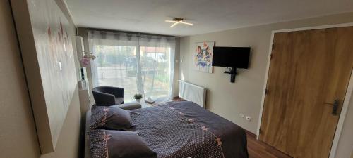 a bedroom with a bed with a chair and a window at Studio chaleureux avec parking et recharge VE privés in Vandoeuvre-lès-Nancy