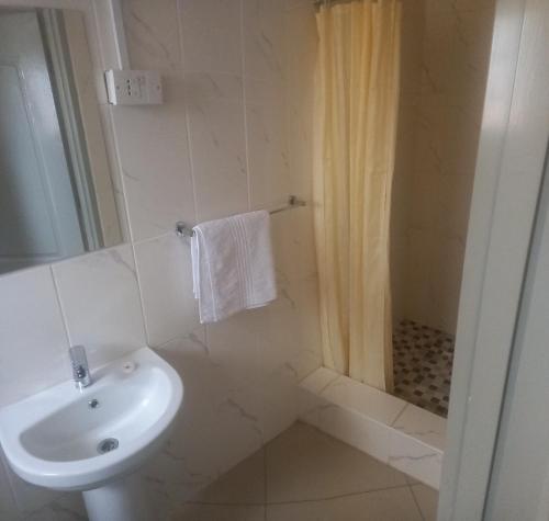 a white bathroom with a sink and a shower at Kandjo's Bed and Breakfast in Palatswe