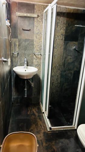 a bathroom with a sink and a shower at Muffys Apartment in Old Goa