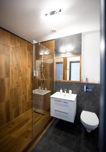 a bathroom with a toilet and a sink and a shower at Morze Gór in Duszniki Zdrój