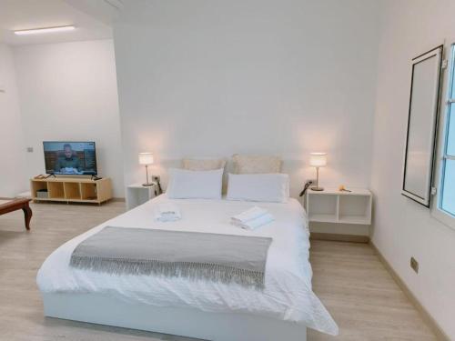 een slaapkamer met een groot wit bed in een kamer bij Cruz Verde - Centro Histórico - Vivienda Vacacional in Santa Cruz de Tenerife