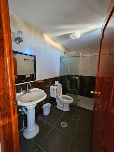 a bathroom with a sink and a toilet and a shower at Hotel lito in Nuevo Vallarta 