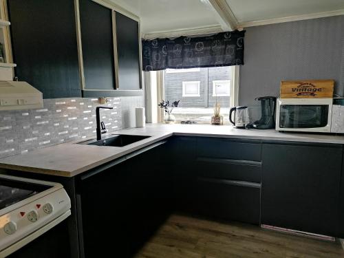 eine Küche mit einer Spüle und einer Mikrowelle in der Unterkunft Sommerstue Hessdalen in Ålen