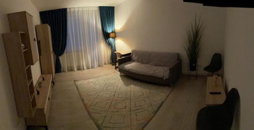 a living room with a couch and a rug at Apartament la Nicole ultracentral Bld Roman bloc 39 in Roman