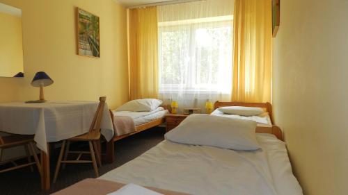 a room with two beds and a table and a window at Hotel**Pieniny in Niedzica