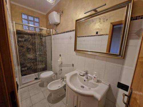 bagno con lavandino, servizi igienici e specchio di Casa Elena in Chianni a Chianni