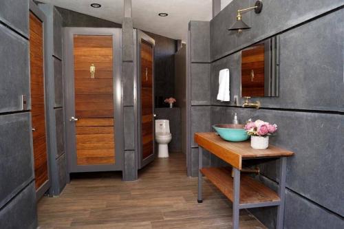 a bathroom with a sink and a toilet at Residencia y piscina climatizada in La Venta del Astillero