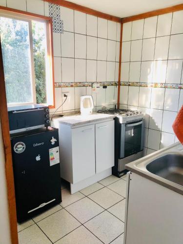a small kitchen with a stove and a sink at Departamento Eusebio Lillo in Coihaique