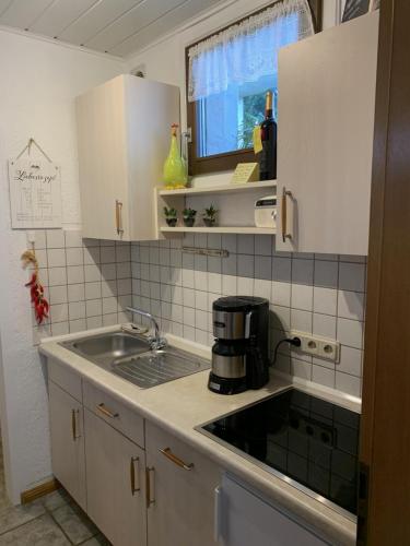 a small kitchen with a sink and a window at Hanne's Gästestudio in Osann-Monzel