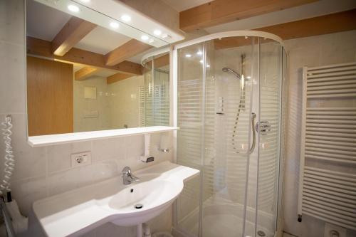a bathroom with a sink and a shower at Bad Kochenmoos in Naturno