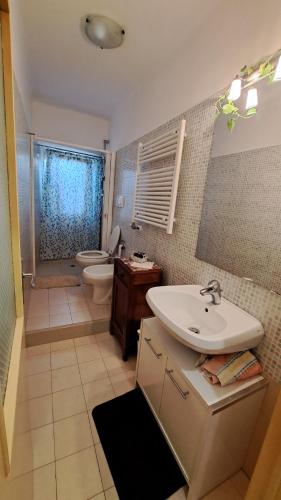 a bathroom with a sink and a toilet and a shower at La Casetta di Zia Palmina in Recanati
