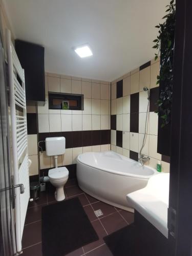 a bathroom with a tub and a toilet and a sink at Apartament Kalinderu K3 Busteni in Buşteni