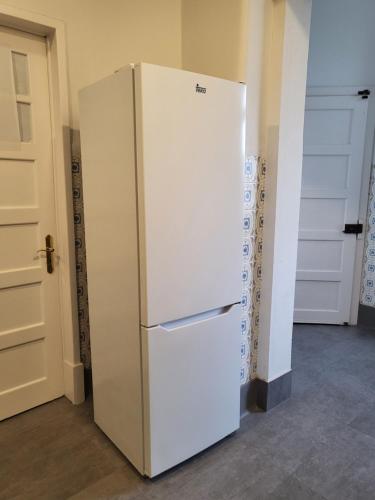 einen weißen Kühlschrank in einem Zimmer neben einer Tür in der Unterkunft Rainbow Guest House in Lissabon