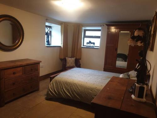 a bedroom with a bed and a dresser and a mirror at The Coach House in Baxenden