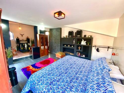 Un dormitorio con una cama azul y blanca en una habitación en Casa Onésima. Departamento privado con Terraza., en Oaxaca City