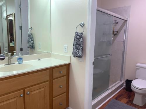 ein Bad mit einer Dusche, einem Waschbecken und einem WC in der Unterkunft The Best 3bd 3ba Condo Near Ocean with AC Office and Loft ACJ1 in Kailua-Kona