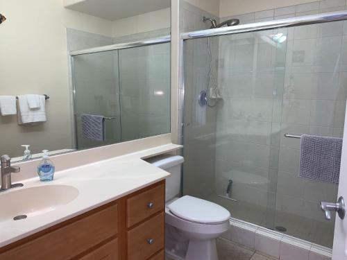 a bathroom with a shower and a toilet and a sink at The Best 3bd 3ba Condo Near Ocean with AC Office and Loft ACJ1 in Kailua-Kona