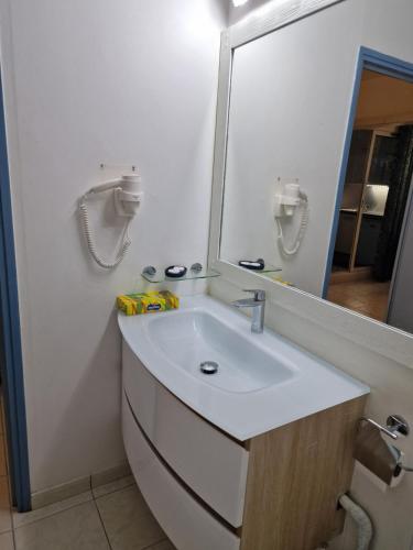 a bathroom with a sink and a mirror at appartement spacieux vue sur mer in La Trinité