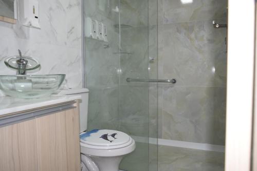 y baño con ducha, aseo y lavamanos. en APARTAMENTO 2 QUARTOS COMPLETAMENTE MOBILIADO COM GARAGEM, en São Borja