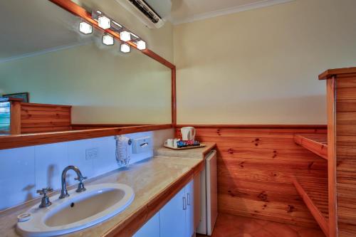 W łazience znajduje się umywalka i lustro. w obiekcie Kimberley Hotel w mieście Halls Creek
