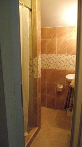 a shower with a glass door in a bathroom at Pansion Laktaši in Laktaši