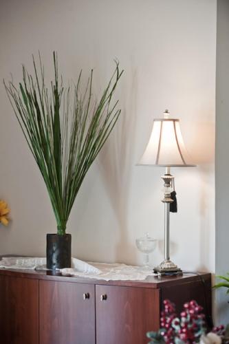 a lamp and a potted plant on top of a cabinet at Villa Maltina in Kassandrinón