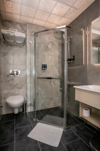 a bathroom with a shower and a toilet and a sink at Hotel Pera Capitol - Taksim & İstiklal in Istanbul