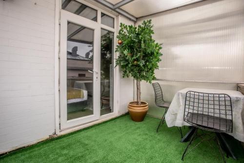 een kleine patio met een tafel en een potplant bij Hotel Pera Capitol in Istanbul