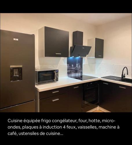 une cuisine avec un évier et un micro-ondes dans l'établissement Quimperco, à Quimper