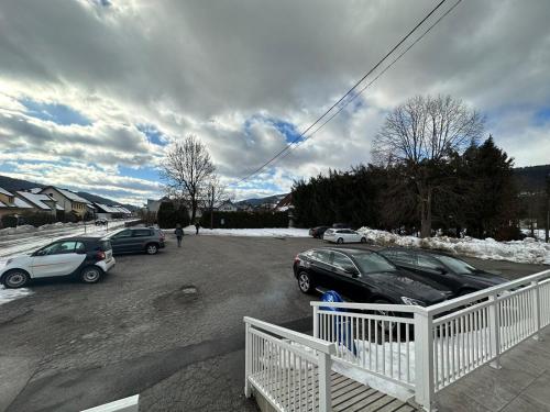 een parkeerplaats met auto's in de sneeuw bij Pension Austria in Mitterdorf im Mürztal