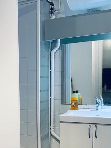une salle de bain avec un lavabo et un miroir dans l'établissement Le Studio, à La Grande Motte