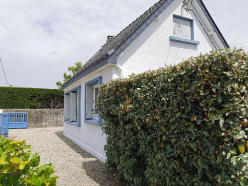 une maison blanche avec des fenêtres bleues et une haie dans l'établissement Maison de vacances 2 personnes à Quiberon, à Quiberon